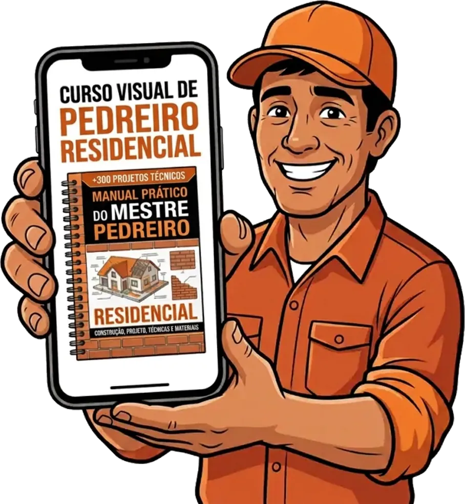 Pedreiro sorrindo mostrando o curso no celular